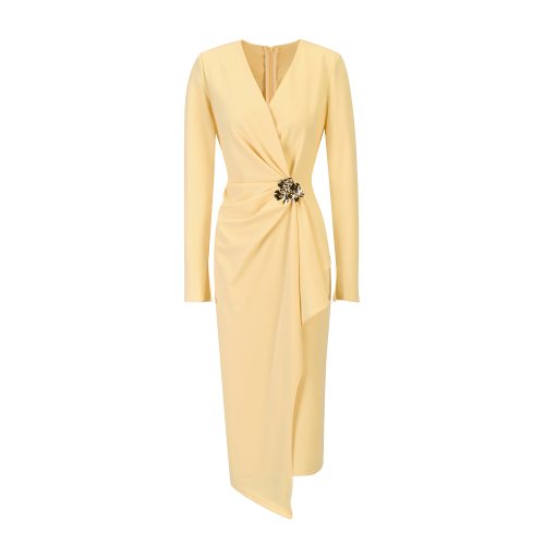 Butter Yellow Stretch Crepe Midi Dress SIZE:(L)