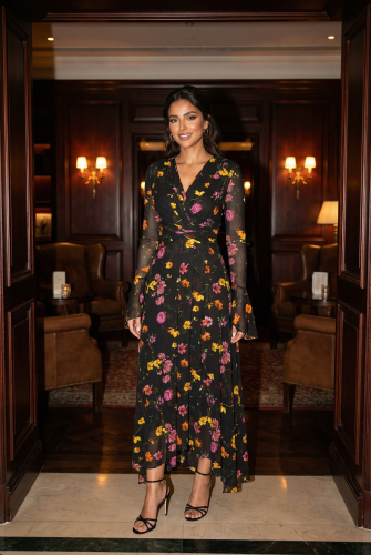 Floral Stretch Tulle Maxi Dress – Black Wrap V-Neck SIZE:(S)