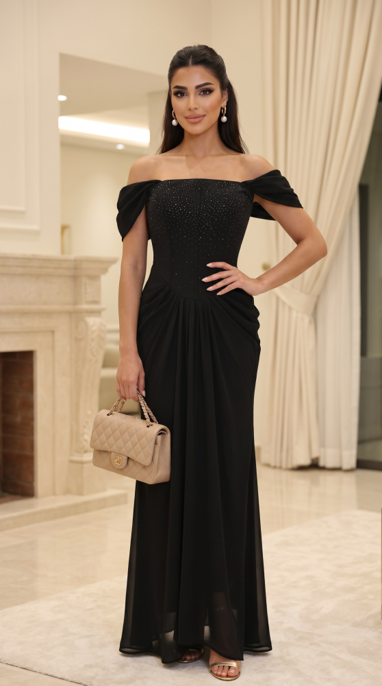 black chiffon off the shoulder dress Black Off-Shoulder Chiffon Evening Dress