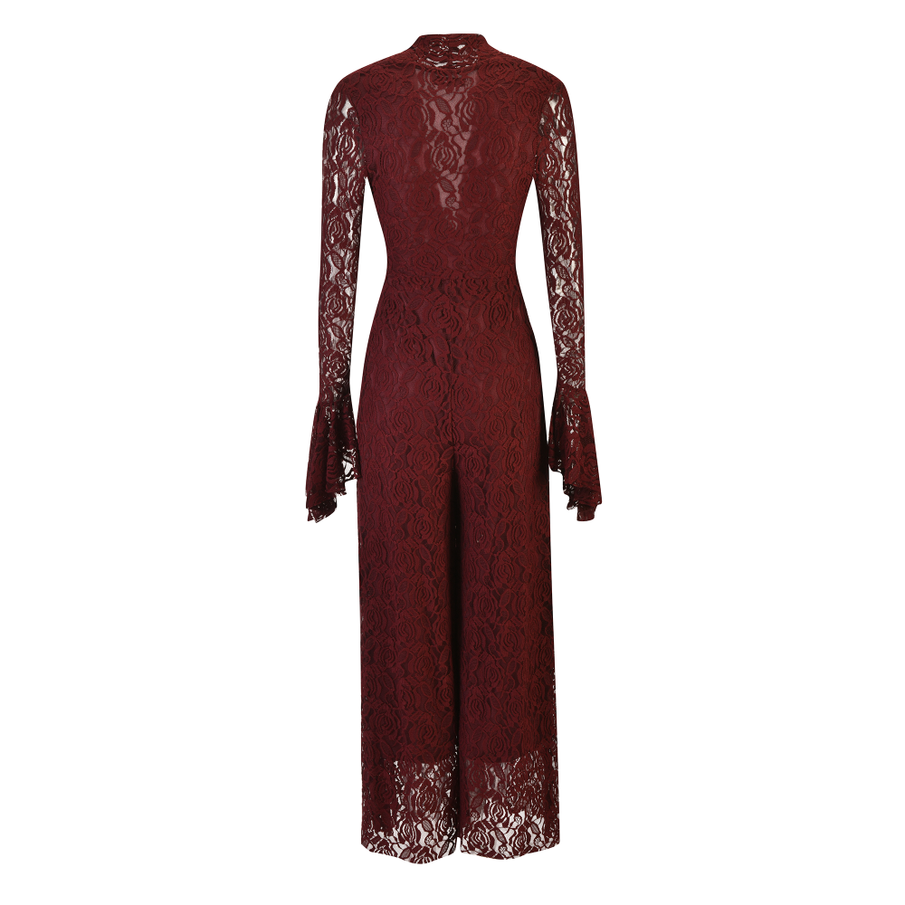 Burgundy lace jumpsuit with flared sleeves and a V-neck SIZE:(M)
