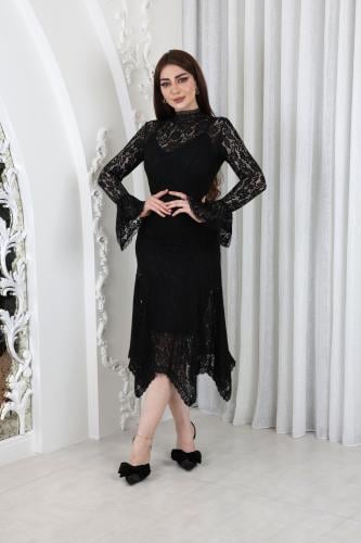 فستان دانتيل بطيات على الخصر Black
