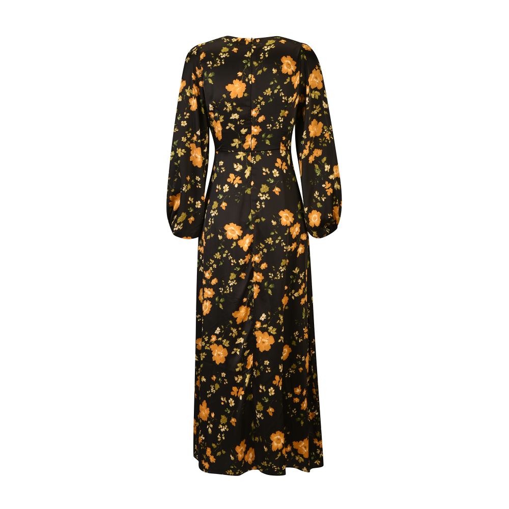 Black Satin Floral Maxi Dress SIZE:(L)