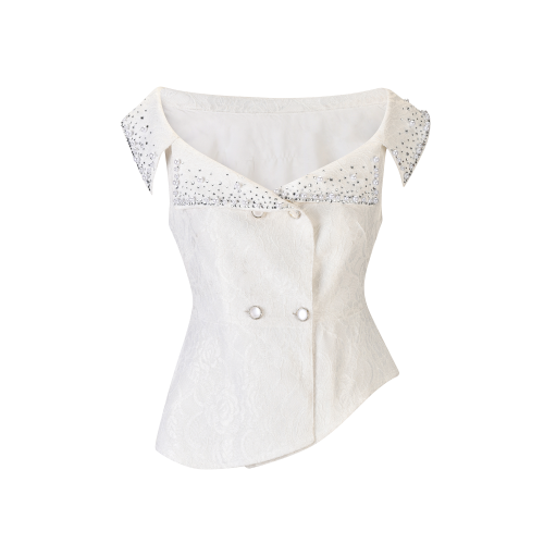Elegant white lace off-shoulder blouse SIZE:(L)