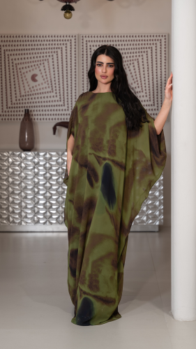 Two-Piece Chiffon Kaftan with Inner Lining – Olive Smoky Print SIZE:(L)