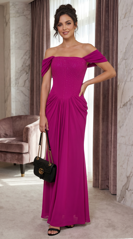 pink chiffon off the shoulder dress Chiffon Off Shoulder Slit Gown by Ladivine CD417