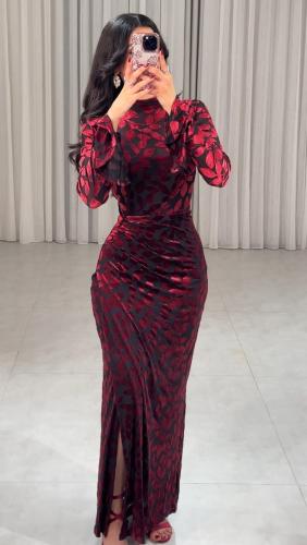 فستان سهره بتشجيره مخمل Burgundy المقاس:(XXL)