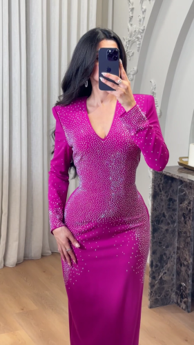 فستان سهرة فوشيا فاخر مرصع بكريستالات المقاس:(M)