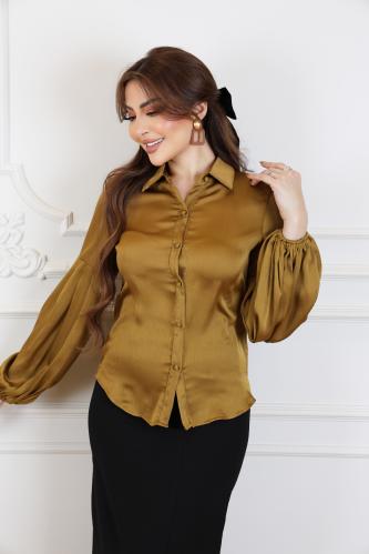 بلوزة بلون ذهبي زيتوني ساتان المقاس:(XL)