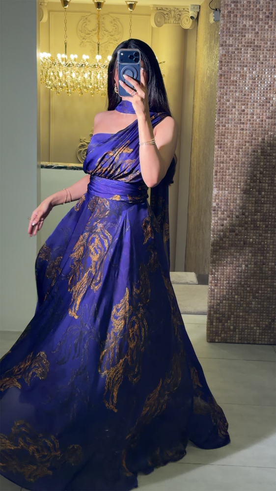 Purple Evening Gown with Gold Pattern and Scarf Neck - Purple Evening Gown with Gold Pattern and Scarf Neck -