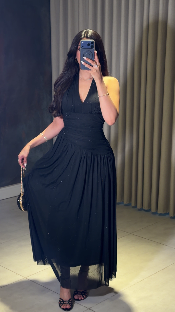 Black Halter Evening Dress with Soft Sparkle - Black Halter Evening Dress with Soft Sparkle -
