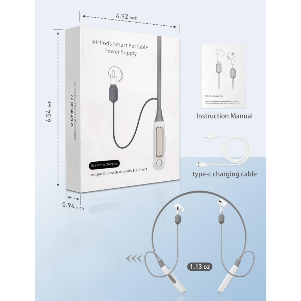 Uixoo شاحن ايربودز ذكي محمول، تصميم يثبت على الرقبة واشرطة مضادة للضياع لسماعات ايربودز 1/2/برو/3، ملحقات الشحن السريع لسماعات ايربودز واستمر في اللعب حتى 12 ساعة (سماعات ايربودز غير متضمنة)
