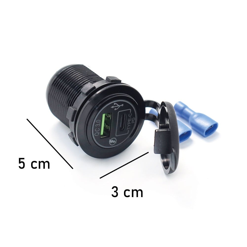 منفذ شحن Type-C + منفذ USB شحن سريع QC دائري بغطاء