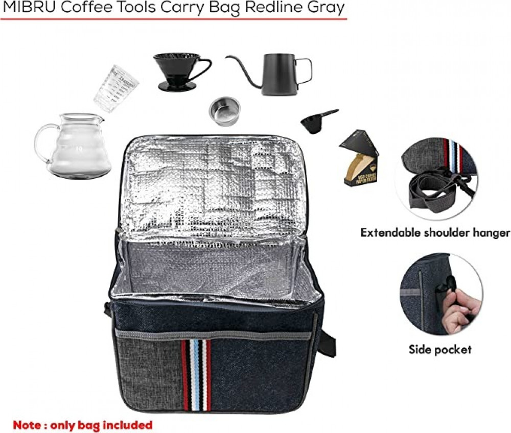 حقيبة لحمل ادوات القهوة وتخزينها  - لون رمادي بخطوط حمراء