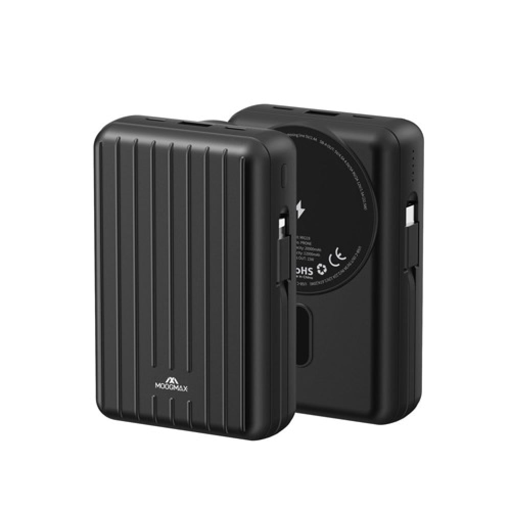 بطارية 5 في 1 من شركة moogmax بخاصية ماج سيف شحن لاسلكي وكيابل شحن مدمجة ومنافذ شحن USB-A & USB-C بسعة 20.000 mAh - اسود mx219