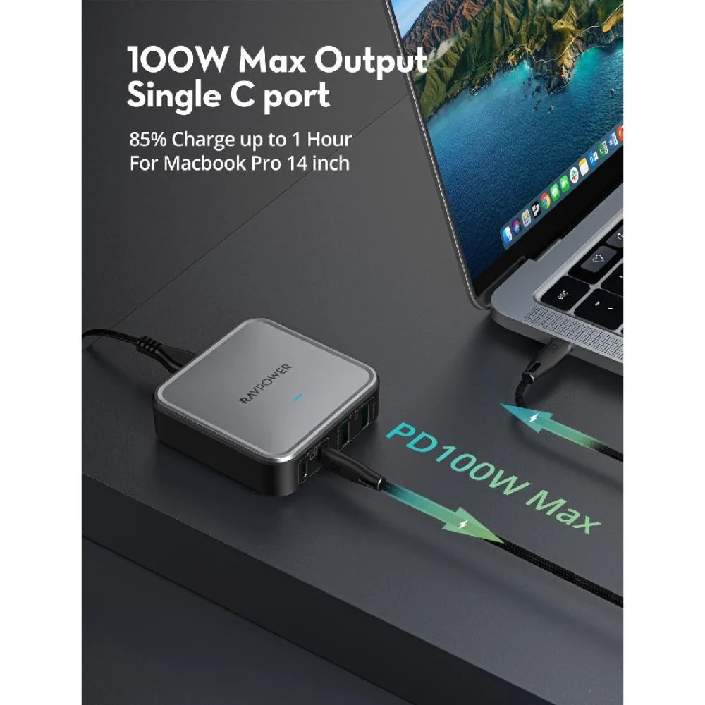 منصة راف باور  100 واط منفذين USB-A ومنفذين USB-C