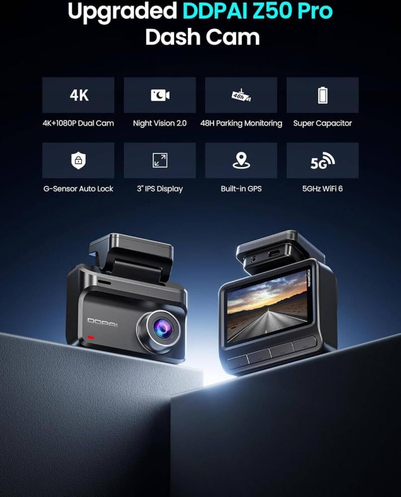 كاميرا سيارة DDPAI Z50 Pro 4K | تسجيل بدقة عالية | Wi-Fi وGPS | رؤية ليلية – أفضل داش كام في السعودية