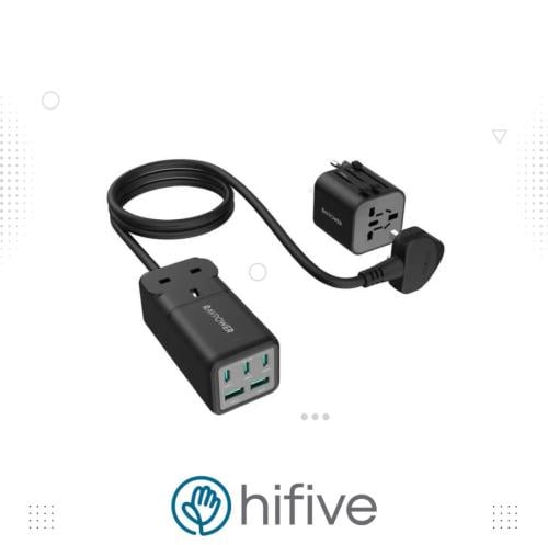 منصة شحن راف باور 75 واط ثلاث منافذ تايب سي ومنفذين USB ومنفذ طاقة مع فيش سفر متعدد المداخل