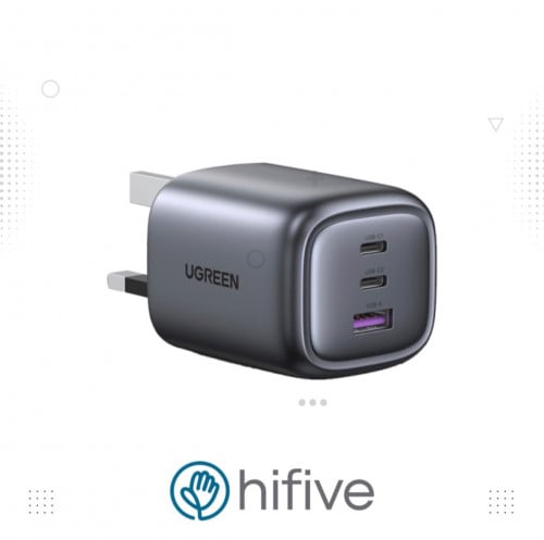 شاحن جداري يوجرين نكسود بمنفذين PD وبمنفذ USB بتقنية GaN وبقوة 65 واط - رمادي