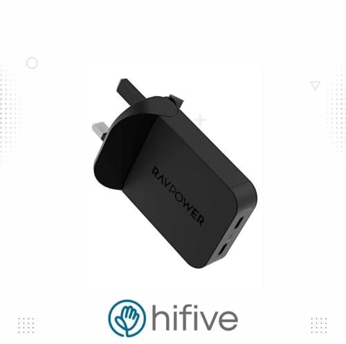 شاحن جداري نحيف راف باور بقوة 65 واط بمنفذين تايب سي - اسود