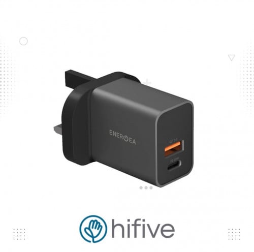 شاحن جداري انيرجيا بمنفذين تايب سي ، يو اس بي بتقنية بي دي 20 واط وكوالكوم 3 - رصاصي