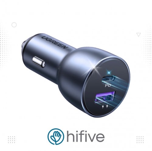 شاحن سيارة يوجرين بمنفذ PD ومنفذ USB وبمجموع القوة 52 واط - رمادي