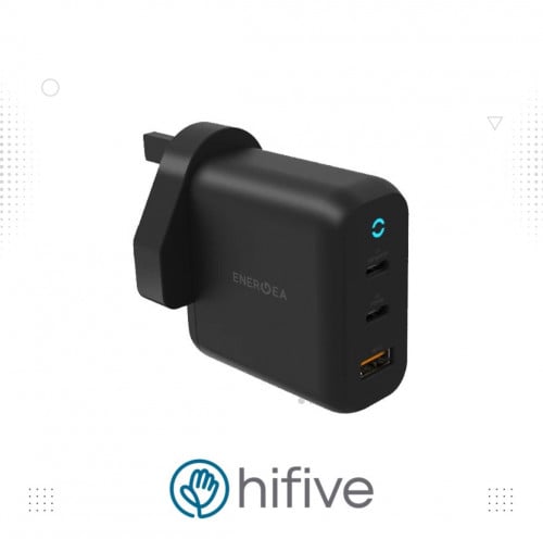 شاحن جداري انيرجيا بمنفذين تايب سي ،ومنفذ يو اس بي بتقنية بي دي 65 واط وكوالكوم 3 - اسود