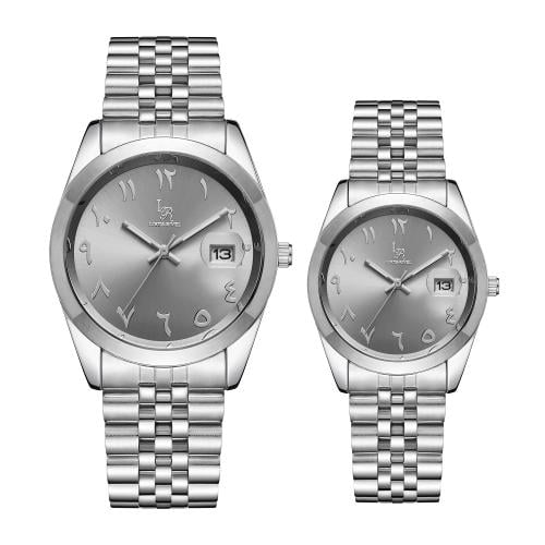 طقم ساعه  رجالي, و نسائي ارقام عربي LR2415 فضي ميناء رصاصي