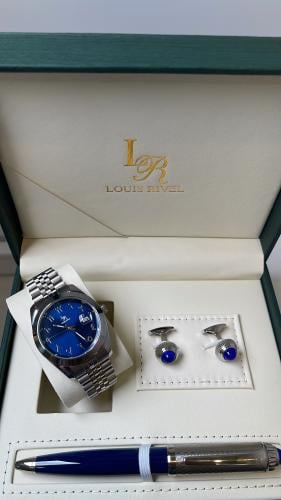 طقم ساعه رجالي  ارقام عربي LR2415 فضي ميناء ازرق