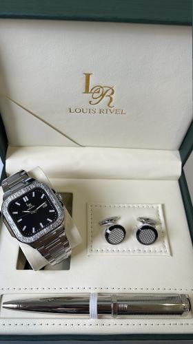 طقم ساعه رجالي من لويس ريفال LR3307 فضي ميناء اسود