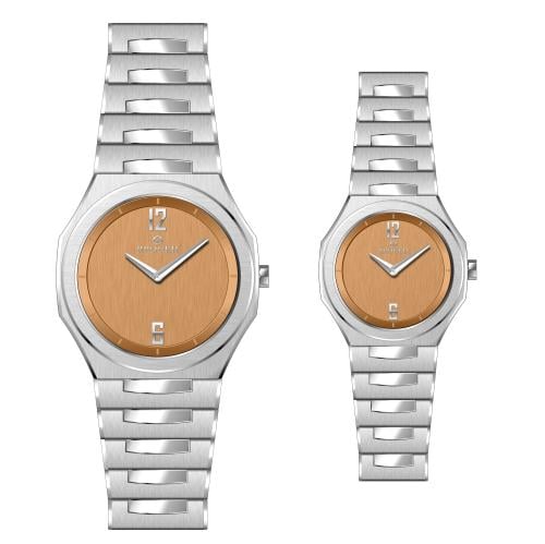 طقم ساعه  رجالي ونسائي بروجيه 24004 فضي ميناء اورنج