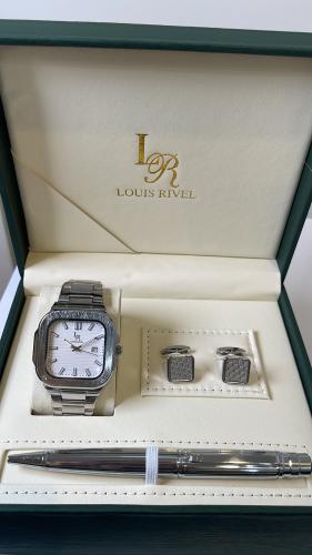 طقم ساعه رجالي لويس ريفال 3307 فضي ميناء ابيض