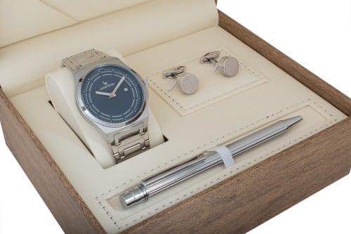 طقم ساعه رجالي لويس ريفال 1215 فضي ميناء ازرق