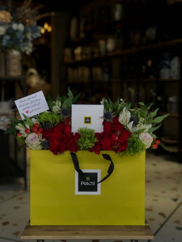 A bag of roses and chocolate