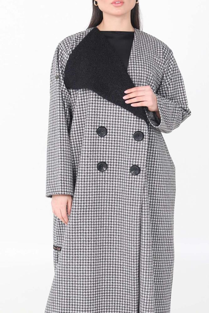 كوت شتوي كاروهات بياقة فرو - Καρό