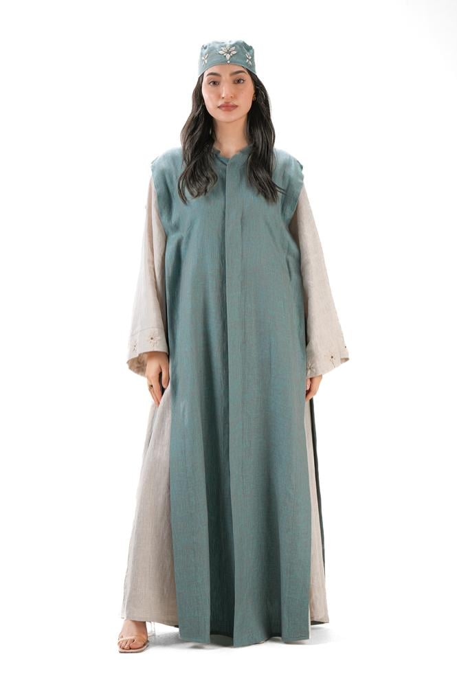 عباية بيج صيفية لينن بتدخيلة لون تيفني بربطات جانبية - DualWear