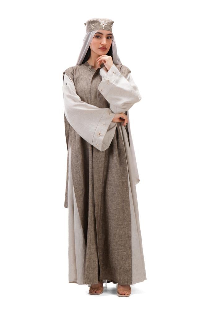 عباية بيج صيفية لينن بتدخيلة لون بني بربطات جانبية - DualWear