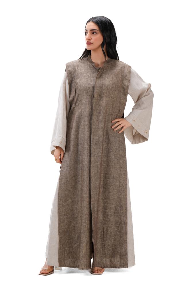 عباية بيج صيفية لينن بتدخيلة لون بني بربطات جانبية - DualWear