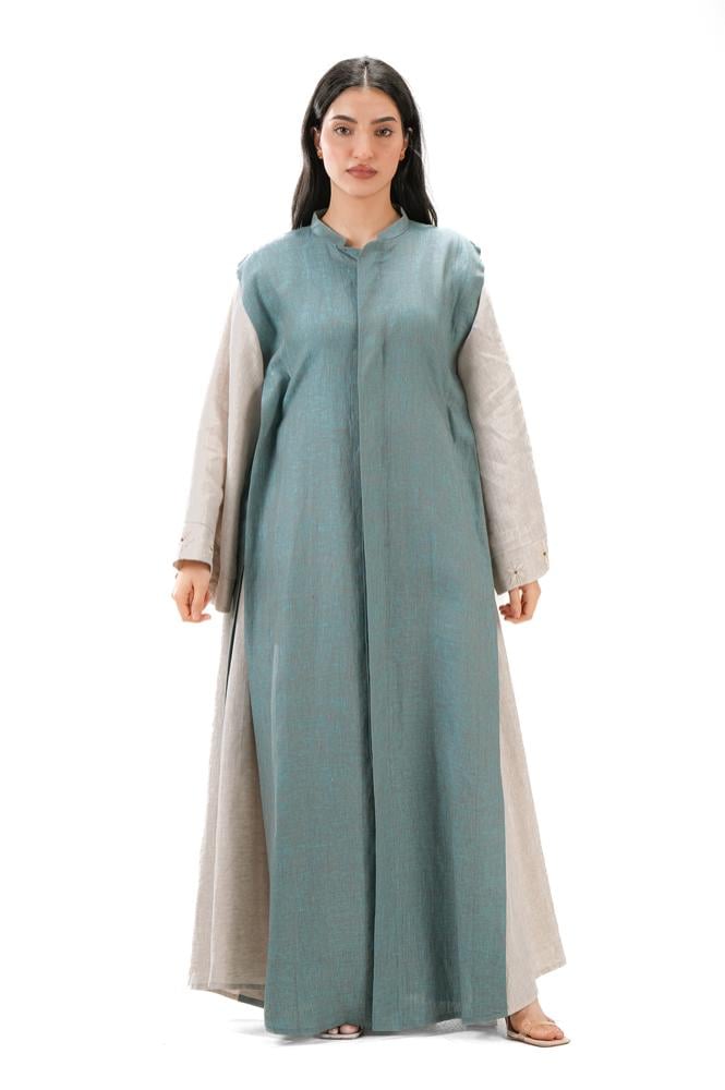 عباية بيج صيفية لينن بتدخيلة لون تيفني بربطات جانبية - DualWear