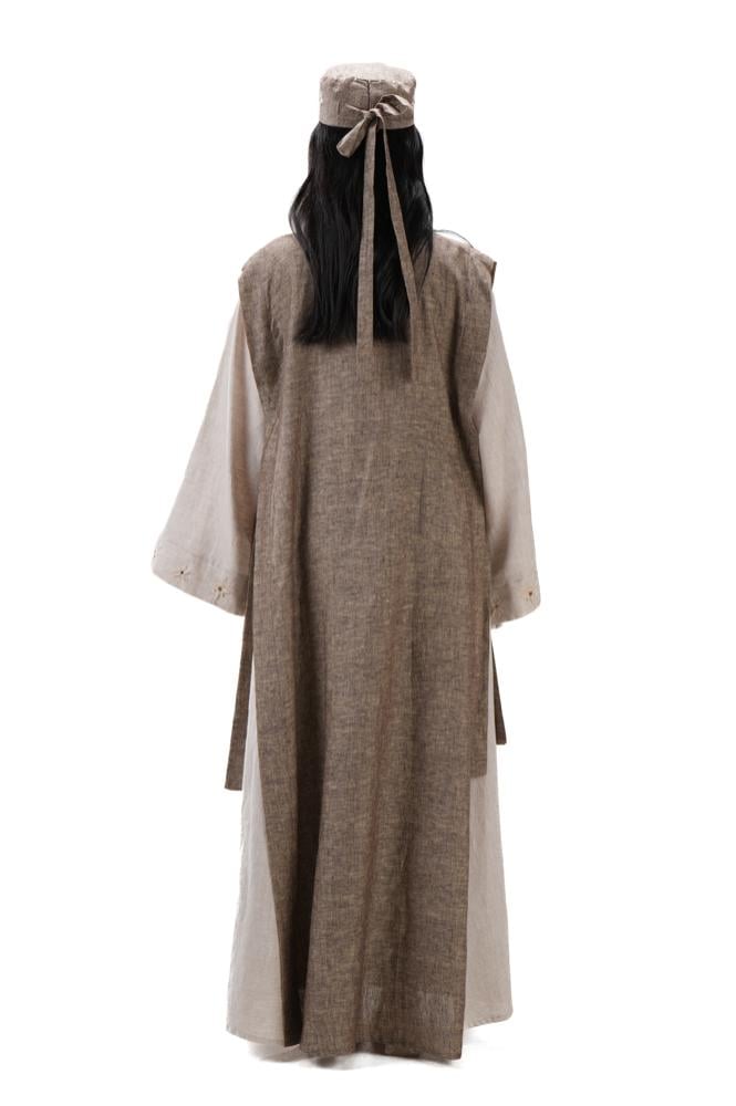 عباية بيج صيفية لينن بتدخيلة لون بني بربطات جانبية - DualWear