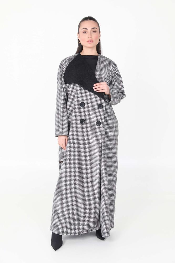 كوت شتوي كاروهات بياقة فرو - Καρό