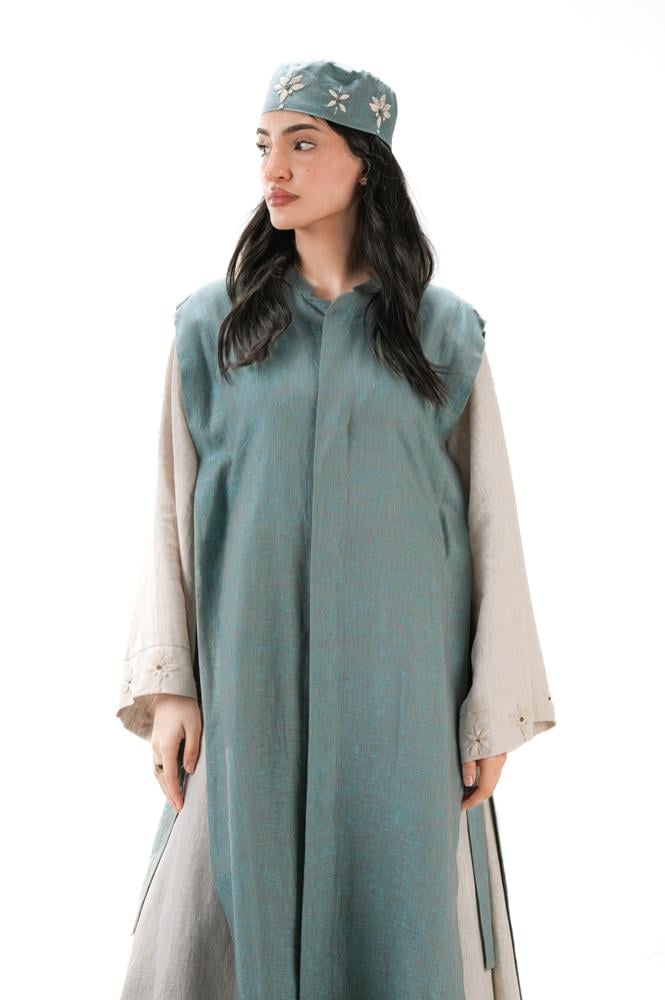 عباية بيج صيفية لينن بتدخيلة لون تيفني بربطات جانبية - DualWear