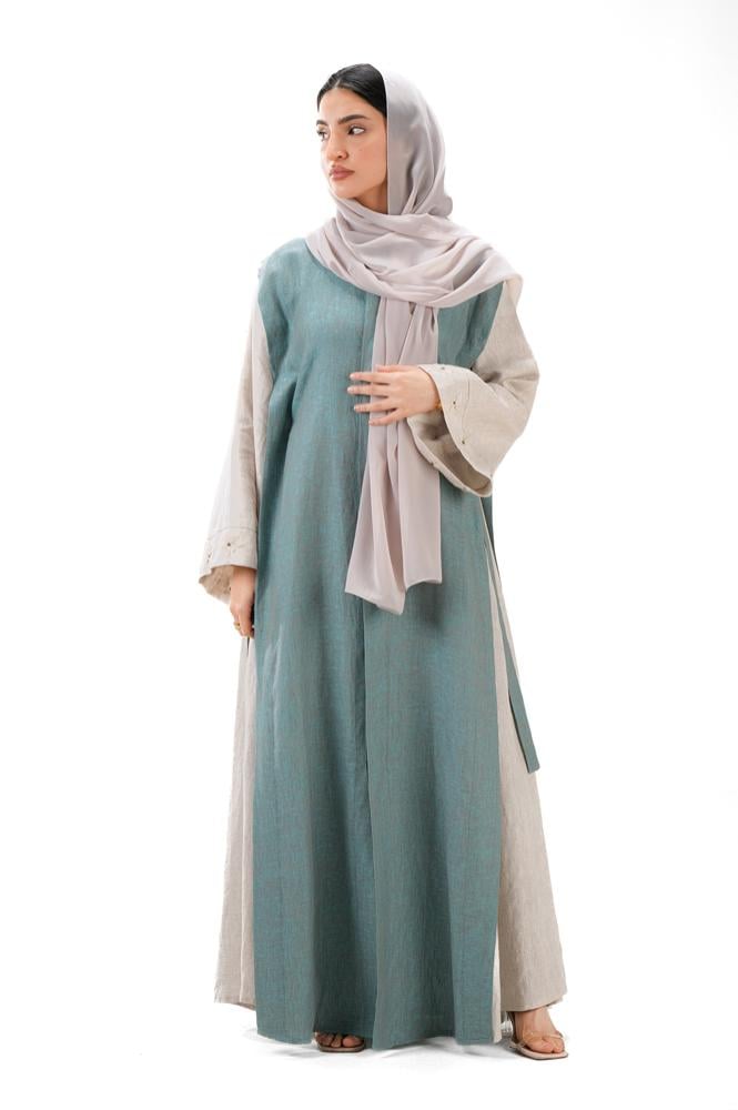 عباية بيج صيفية لينن بتدخيلة لون تيفني بربطات جانبية - DualWear