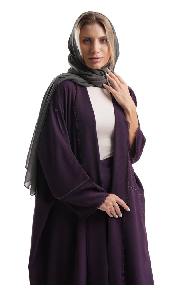 عباية موف مزينة بخيوط بيج مع بنطلون - Amila