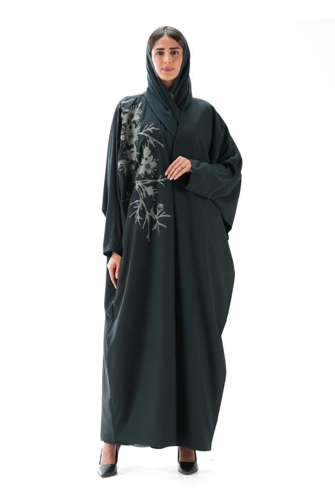 عباية زيتي كريب مع فستان بنقشات مميزة - Manda II