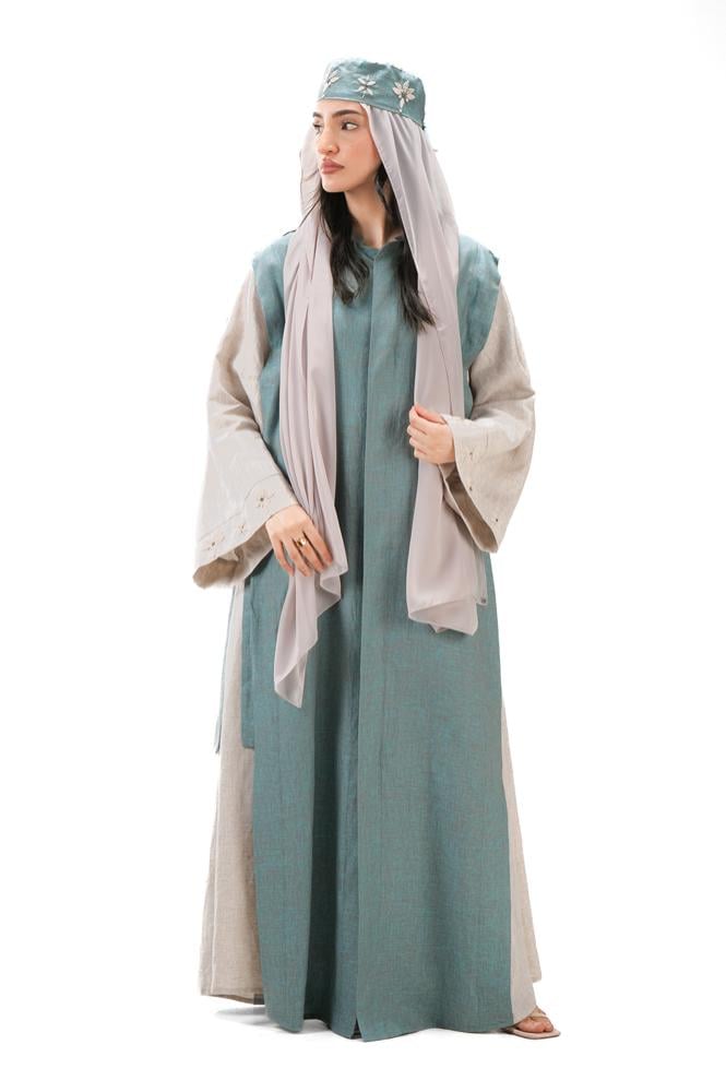 عباية بيج صيفية لينن بتدخيلة لون تيفني بربطات جانبية - DualWear