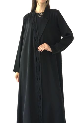 عباية بليزر سوداء كريب بتطريز جدائل - Braided deta...