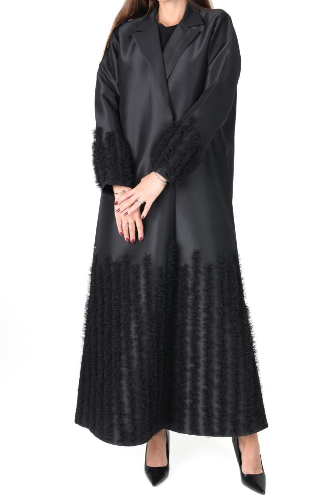 Luxurious black taffeta abaya with tulle trim - Linai