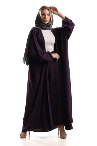 عباية موف مزينة بخيوط بيج مع بنطلون - Amila