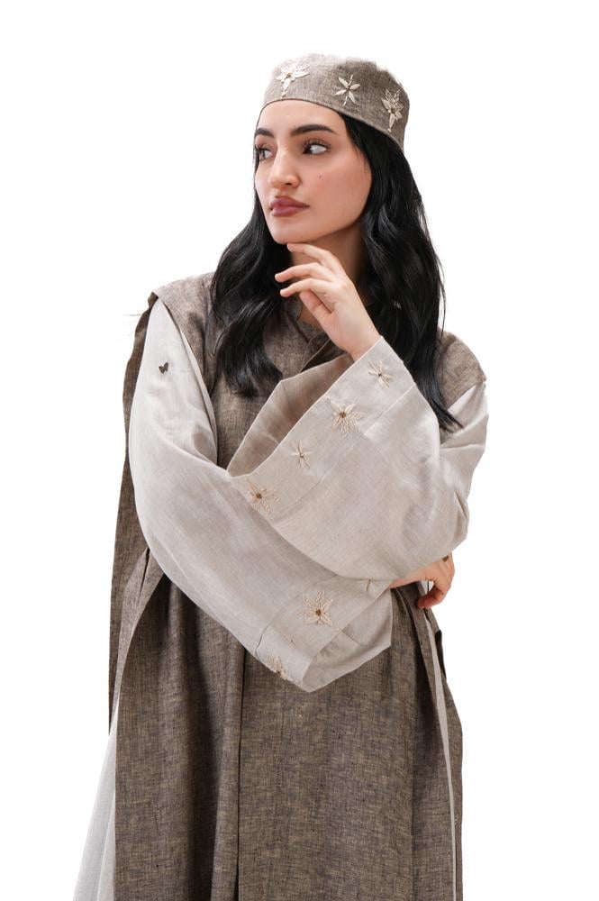 عباية بيج صيفية لينن بتدخيلة لون بني بربطات جانبية - DualWear