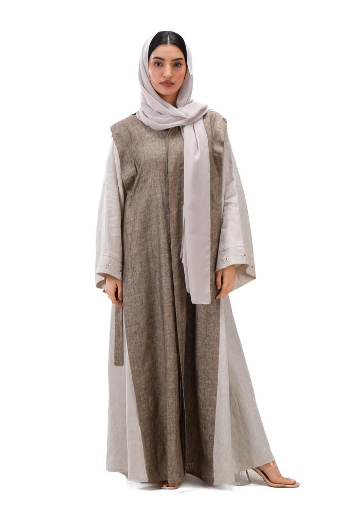 عباية بيج صيفية لينن بتدخيلة لون بني بربطات جانبية - DualWear